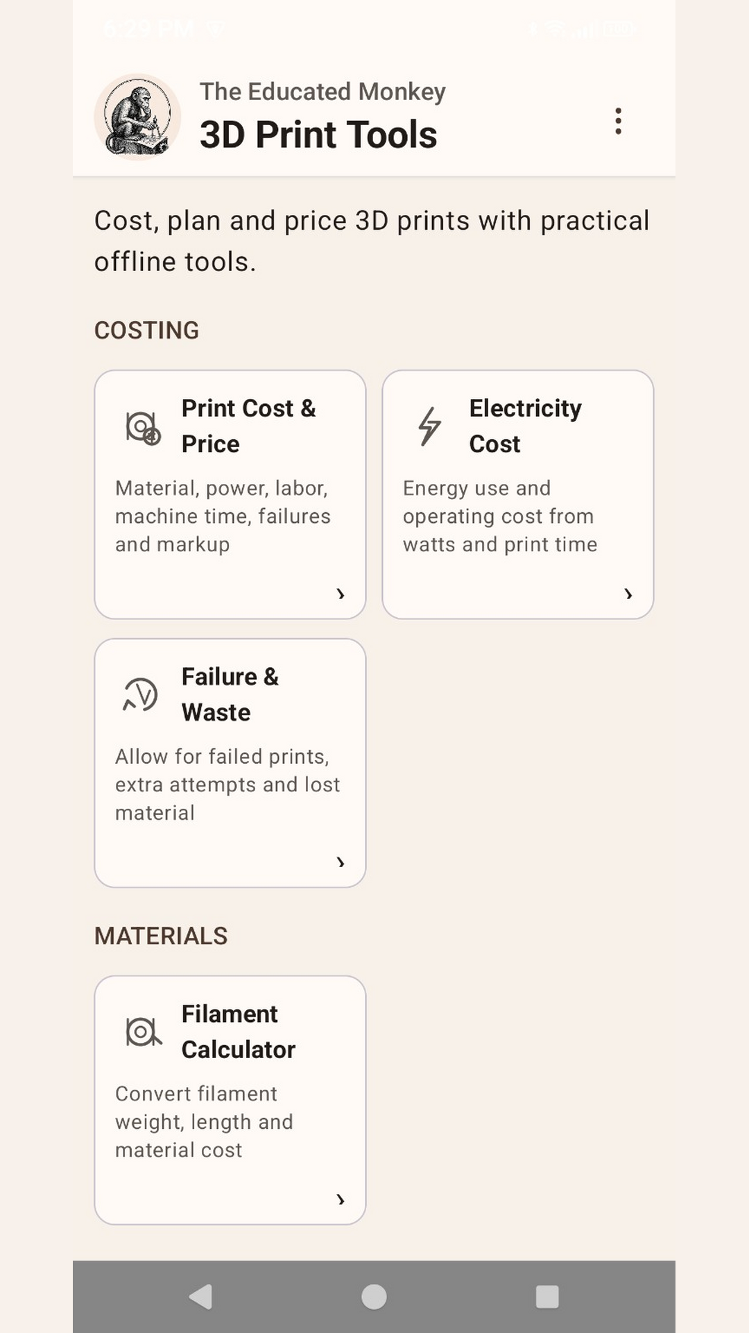 3D Printer Tools home screen